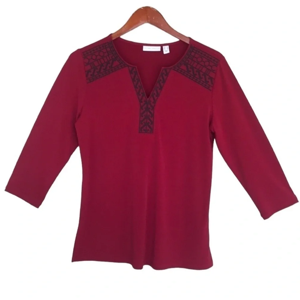 Susan Graver Red Embroidered V-Neck 3/4 Sleeve Stretch Top - Picture 8 of 8